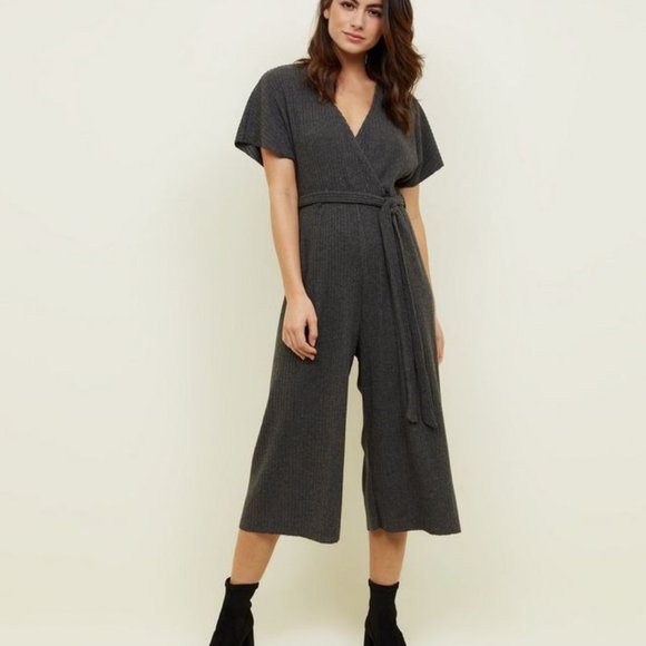 grey ribbed culotte jumpsuit